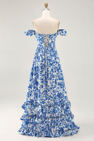 Off The Shoulder Ruffled Printed Blue Wedding Guest Dress with Slit